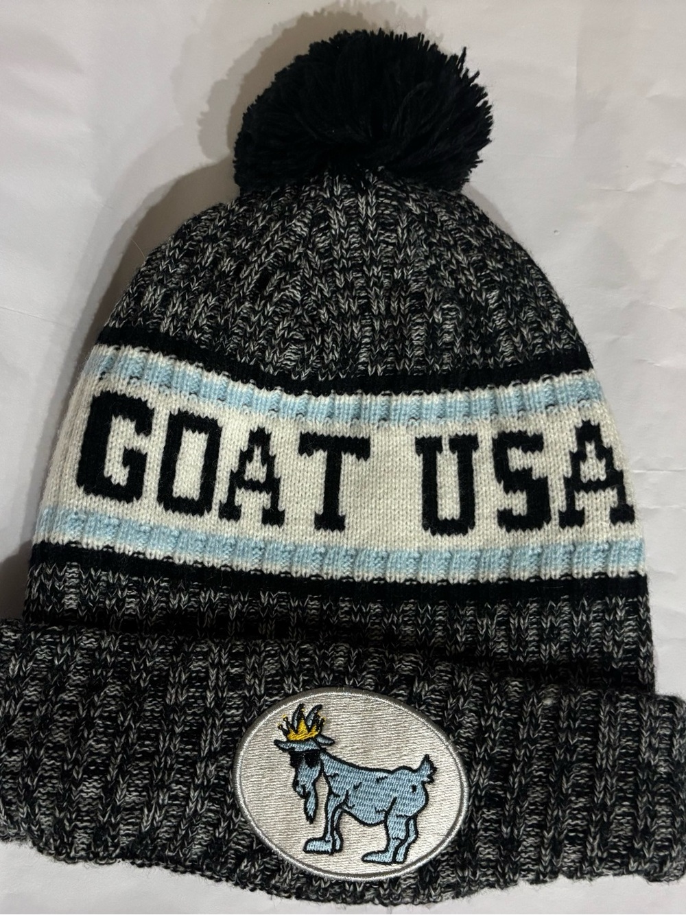 GOAT USA Pom Beanie - Black, White & Light Blue OG winter hat